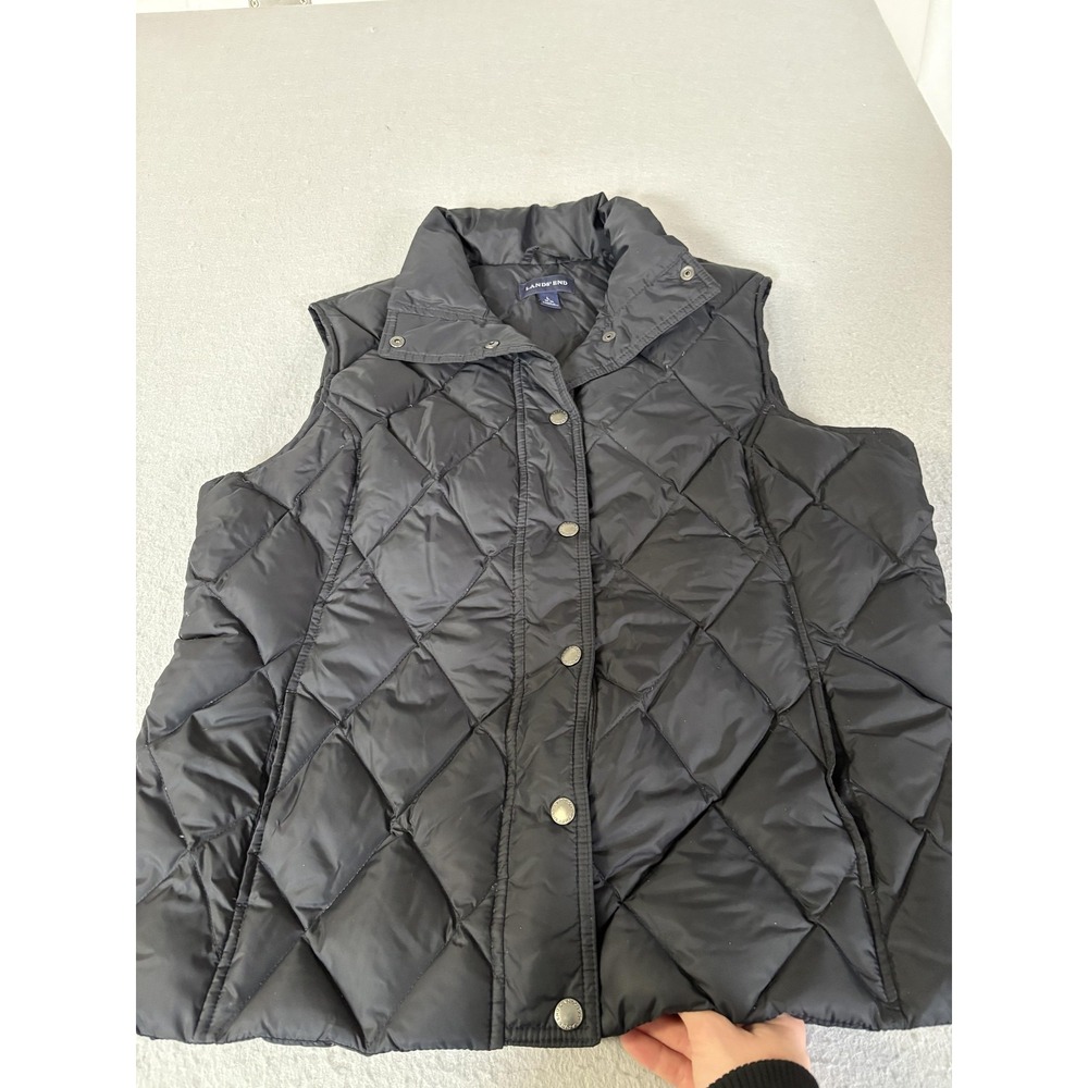 Lands' End Vest Womens Large Black Down Puffer Quilted‎ Snap Front Pockets